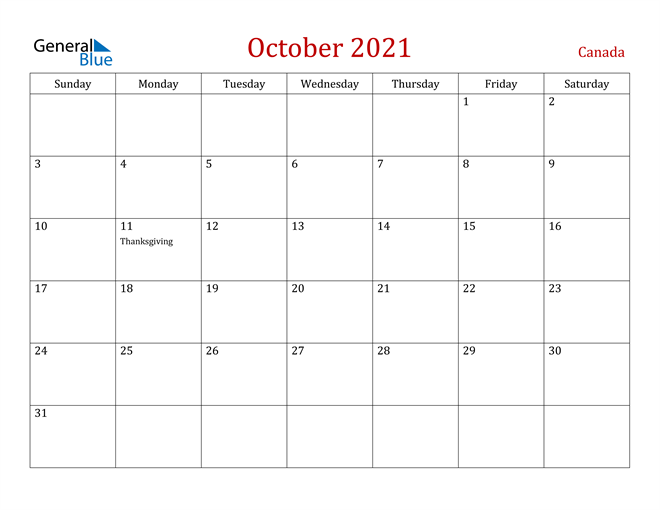 Canada October 2021 Calendar With Holidays