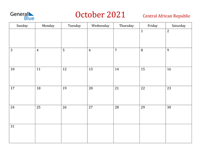 Central African Republic October 2021 Calendar