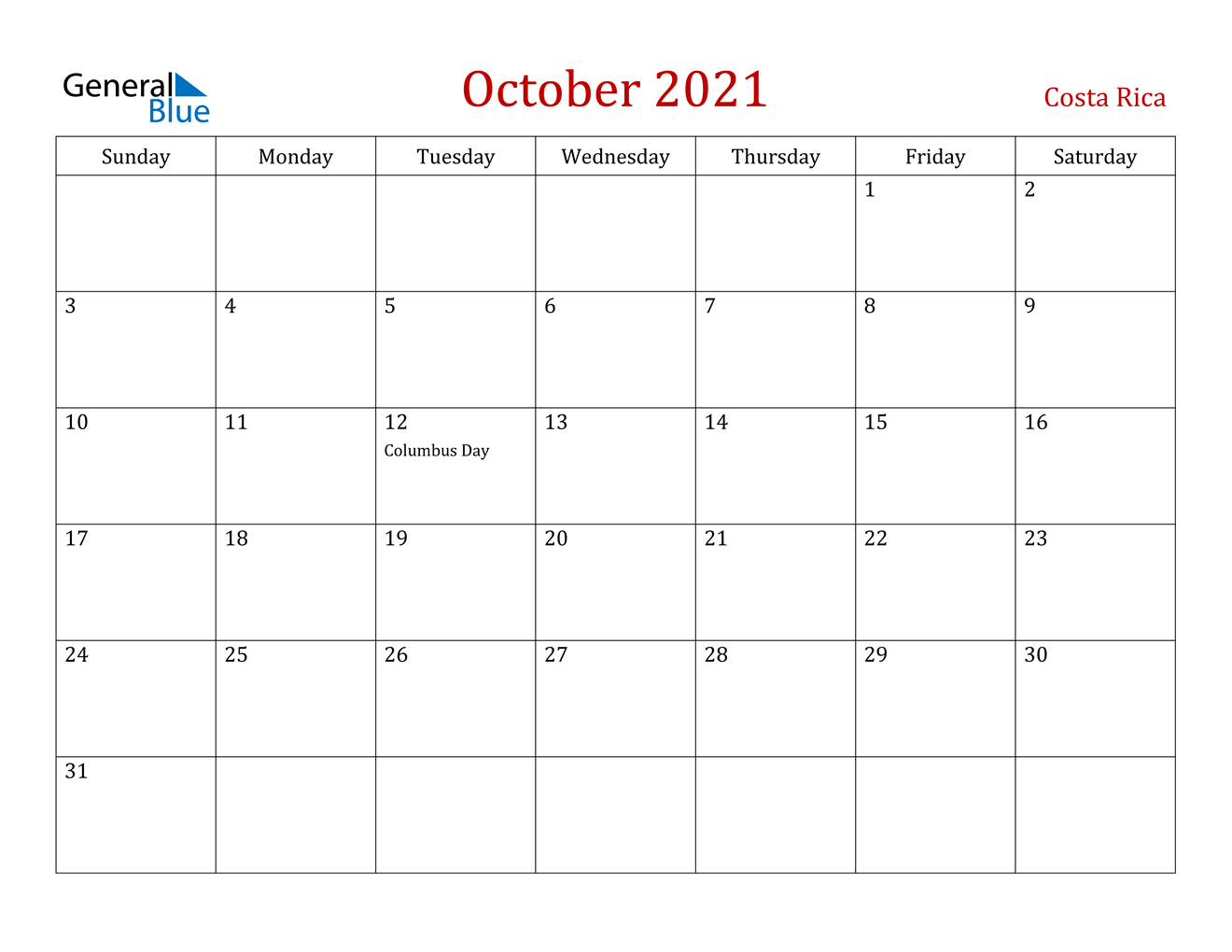 October 2021 Calendar - Costa Rica
