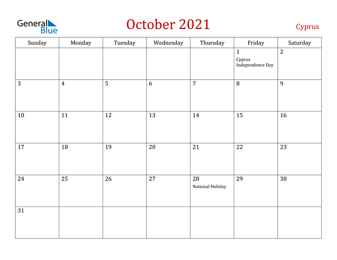 Cyprus October 2021 Calendar