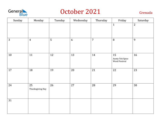 Grenada October 2021 Calendar