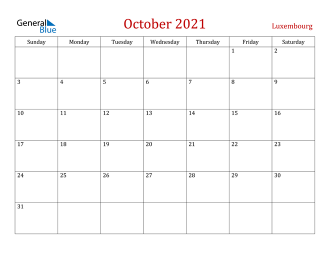 Luxembourg October 2021 Calendar