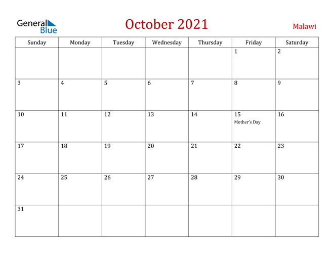 Malawi October 2021 Calendar