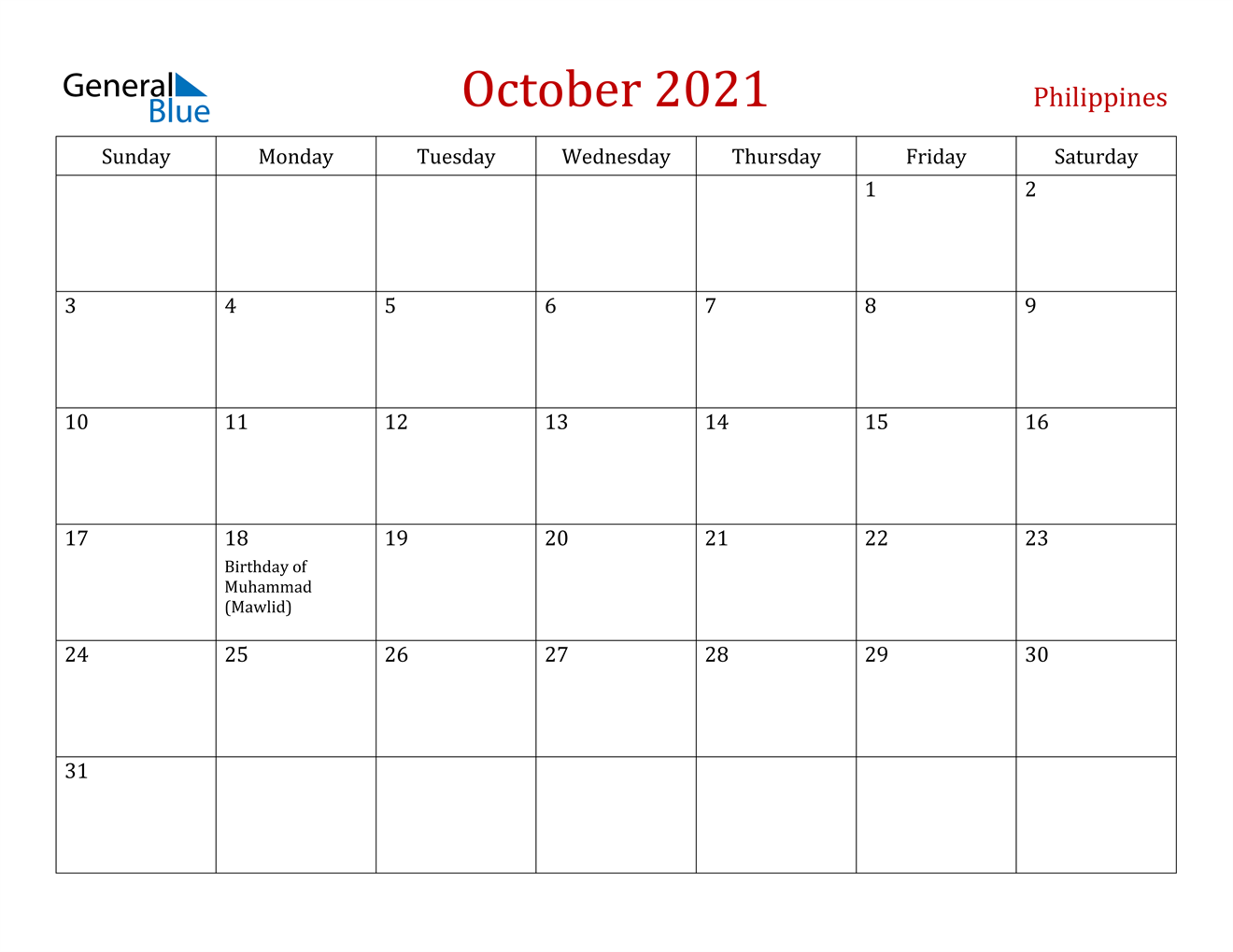 October 2021 Calendar - Philippines