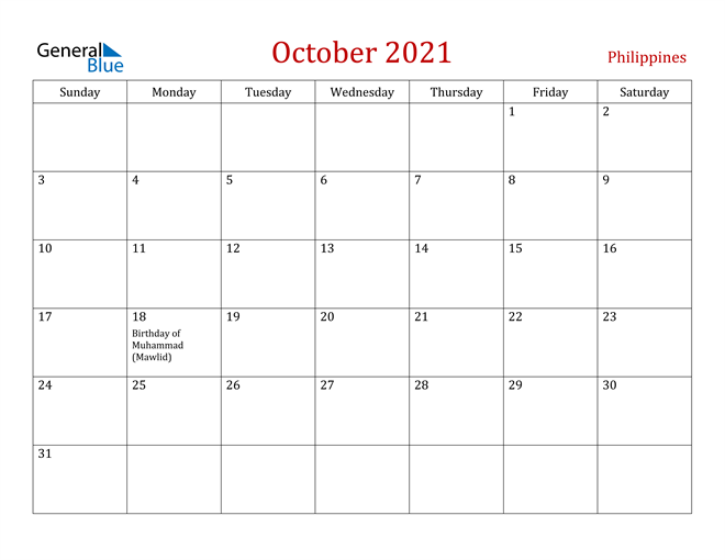 Philippines October 2021 Calendar