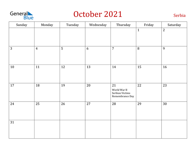 Serbia October 2021 Calendar