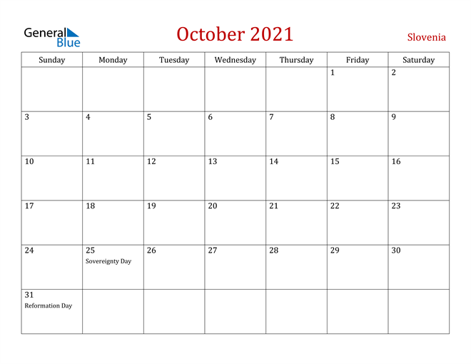 Slovenia October 2021 Calendar