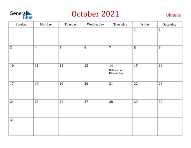 Ukraine October 2021 Calendar