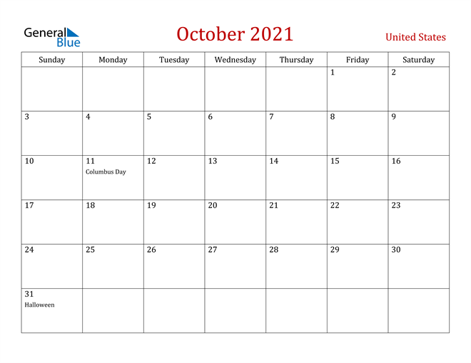 United States October 2021 Calendar