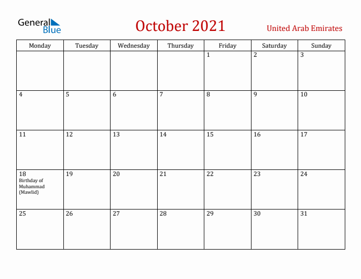 United Arab Emirates October 2021 Calendar - Monday Start