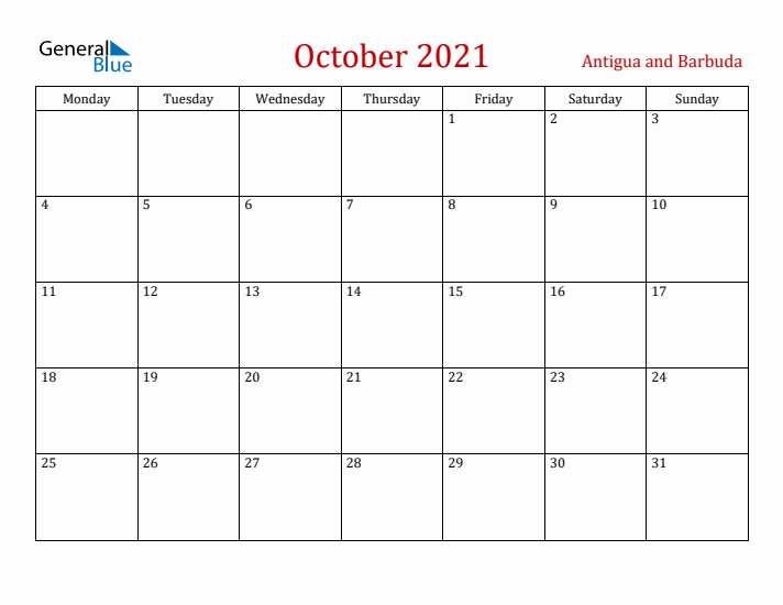 Antigua and Barbuda October 2021 Calendar - Monday Start