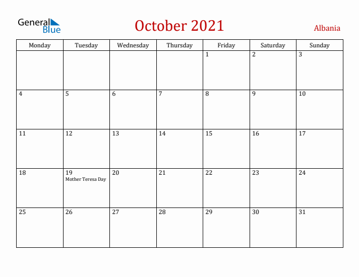 Albania October 2021 Calendar - Monday Start