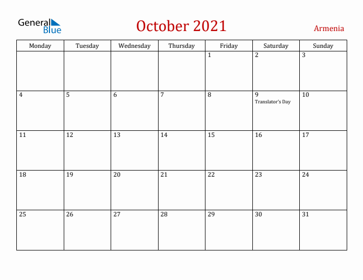 Armenia October 2021 Calendar - Monday Start