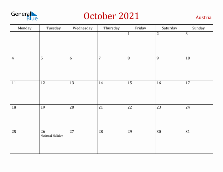Austria October 2021 Calendar - Monday Start