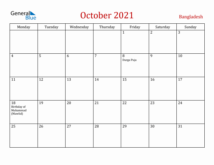 Bangladesh October 2021 Calendar - Monday Start