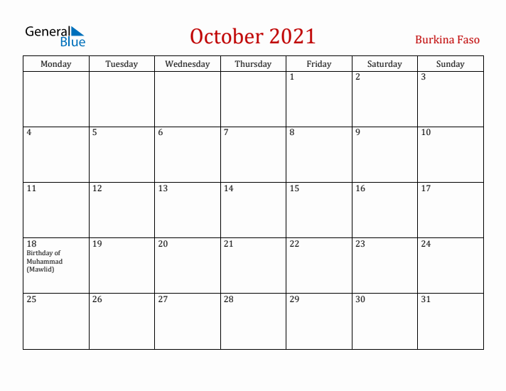 Burkina Faso October 2021 Calendar - Monday Start