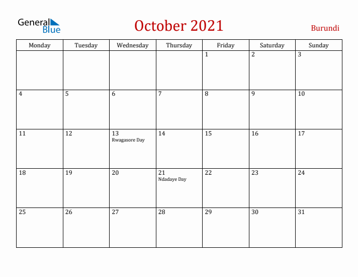 Burundi October 2021 Calendar - Monday Start