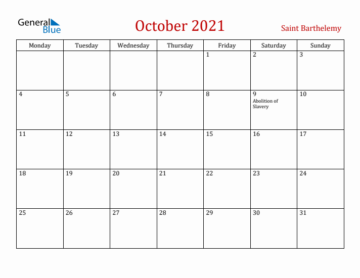 Saint Barthelemy October 2021 Calendar - Monday Start