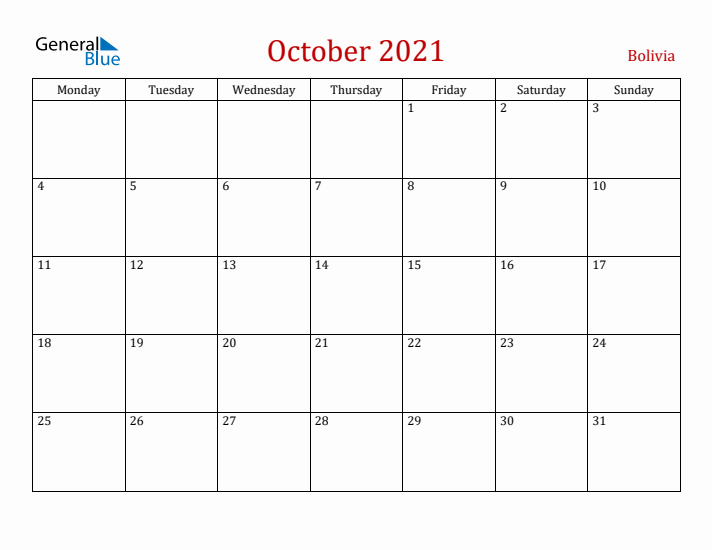 Bolivia October 2021 Calendar - Monday Start