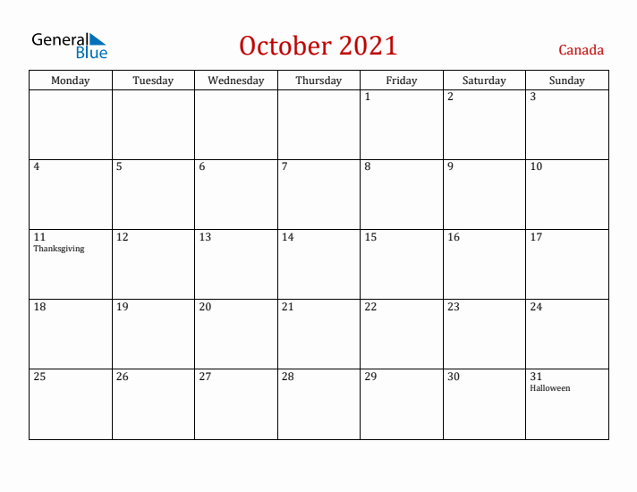 Canada October 2021 Calendar - Monday Start