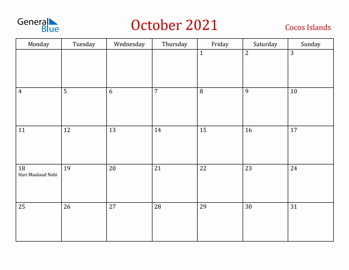 Cocos Islands October 2021 Calendar - Monday Start