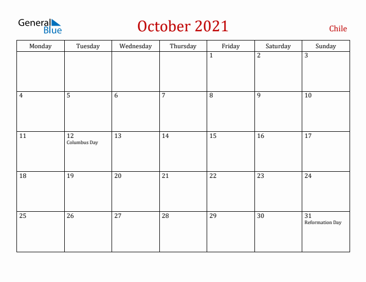 Chile October 2021 Calendar - Monday Start