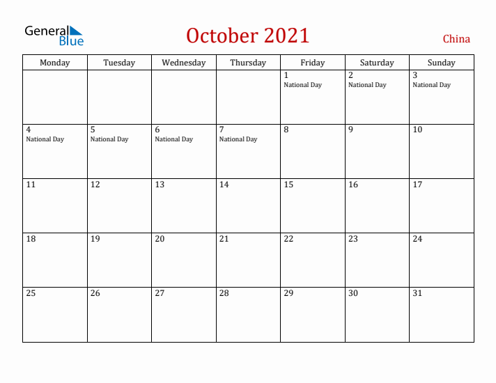 China October 2021 Calendar - Monday Start