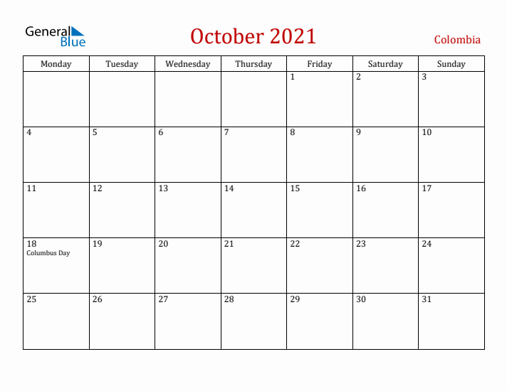Colombia October 2021 Calendar - Monday Start