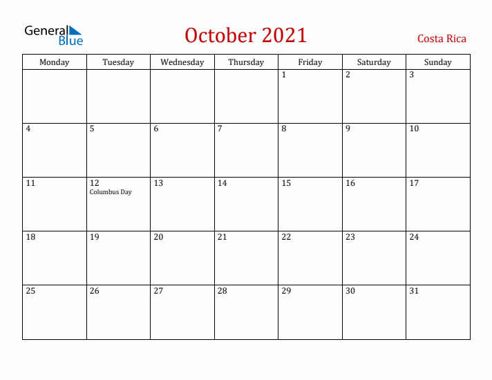 Costa Rica October 2021 Calendar - Monday Start
