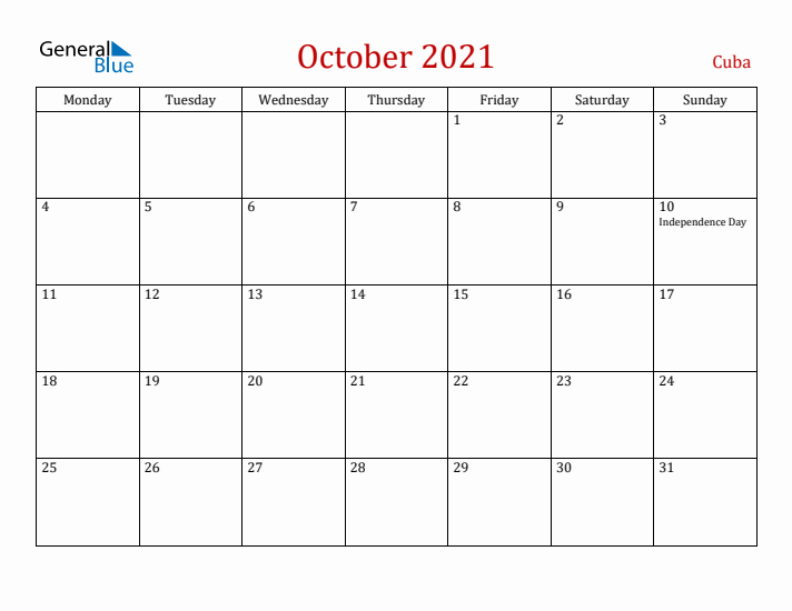 Cuba October 2021 Calendar - Monday Start