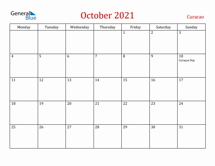 Curacao October 2021 Calendar - Monday Start