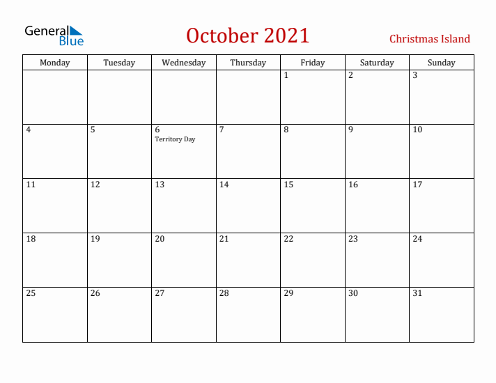 Christmas Island October 2021 Calendar - Monday Start