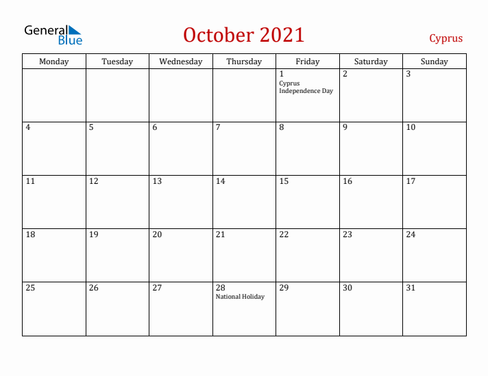 Cyprus October 2021 Calendar - Monday Start