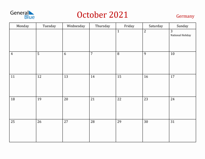 Germany October 2021 Calendar - Monday Start
