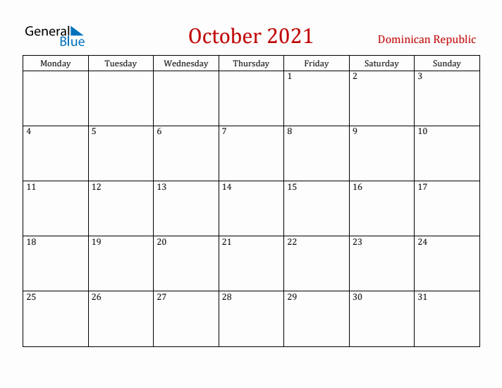 Dominican Republic October 2021 Calendar - Monday Start
