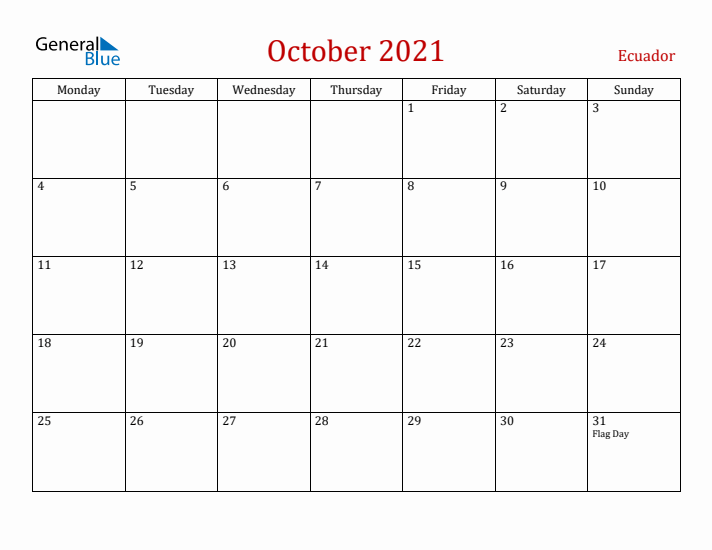Ecuador October 2021 Calendar - Monday Start