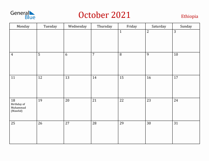 Ethiopia October 2021 Calendar - Monday Start