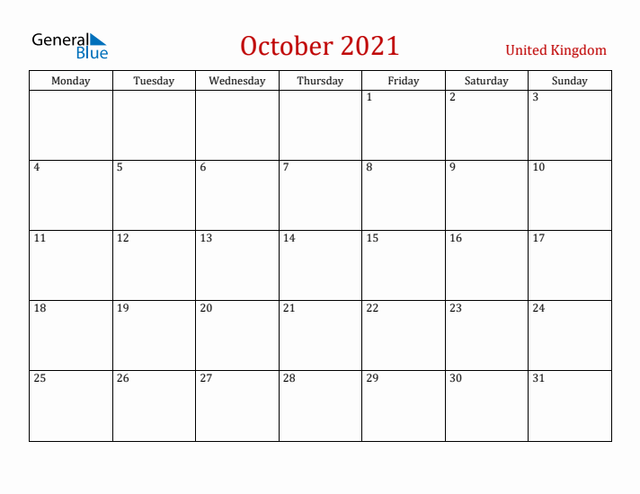 United Kingdom October 2021 Calendar - Monday Start