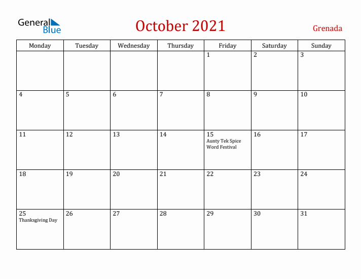 Grenada October 2021 Calendar - Monday Start