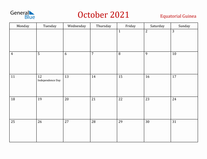 Equatorial Guinea October 2021 Calendar - Monday Start