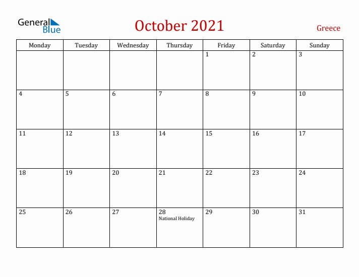 Greece October 2021 Calendar - Monday Start