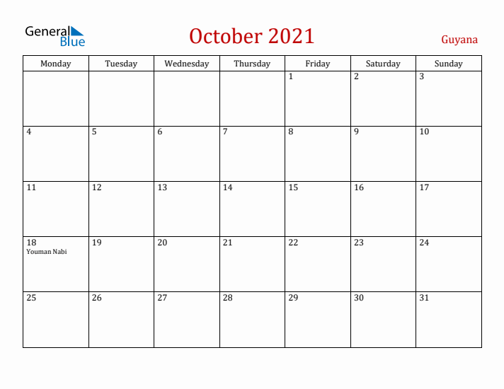 Guyana October 2021 Calendar - Monday Start