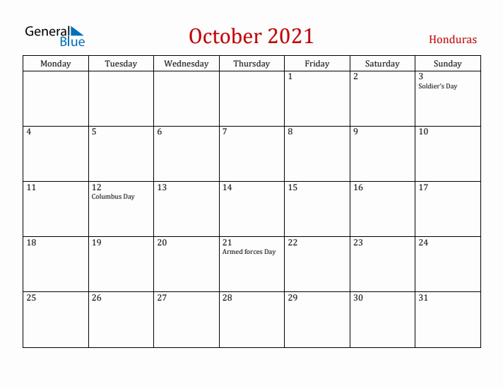 Honduras October 2021 Calendar - Monday Start