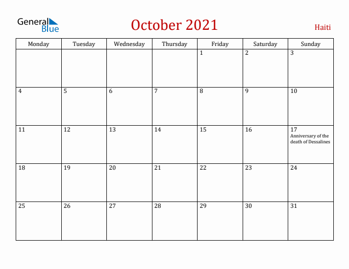 Haiti October 2021 Calendar - Monday Start