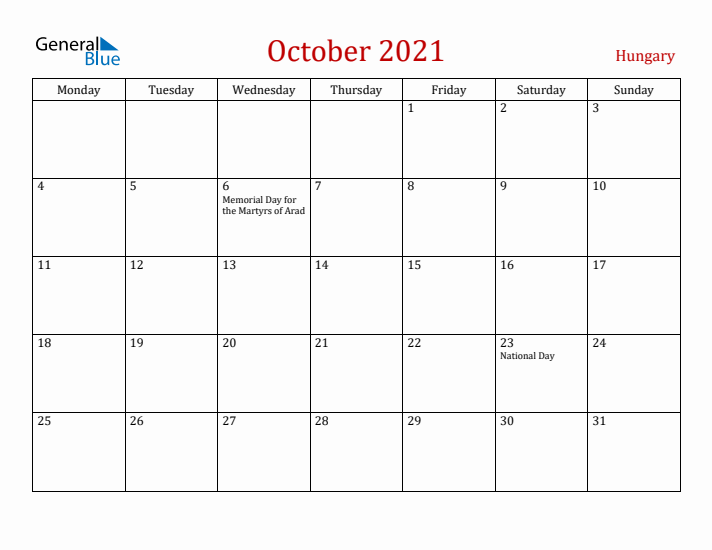 Hungary October 2021 Calendar - Monday Start