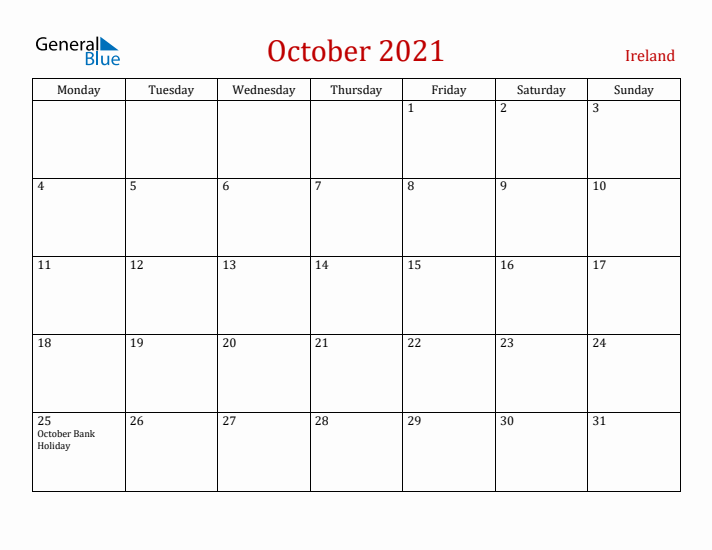 Ireland October 2021 Calendar - Monday Start