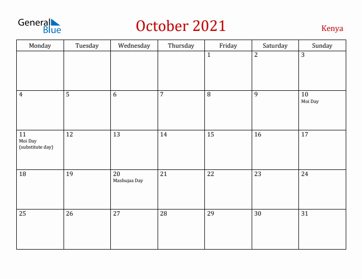 Kenya October 2021 Calendar - Monday Start