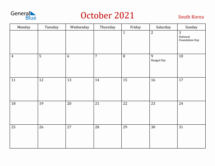 South Korea October 2021 Calendar - Monday Start