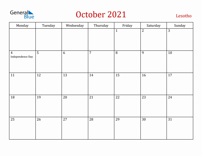 Lesotho October 2021 Calendar - Monday Start