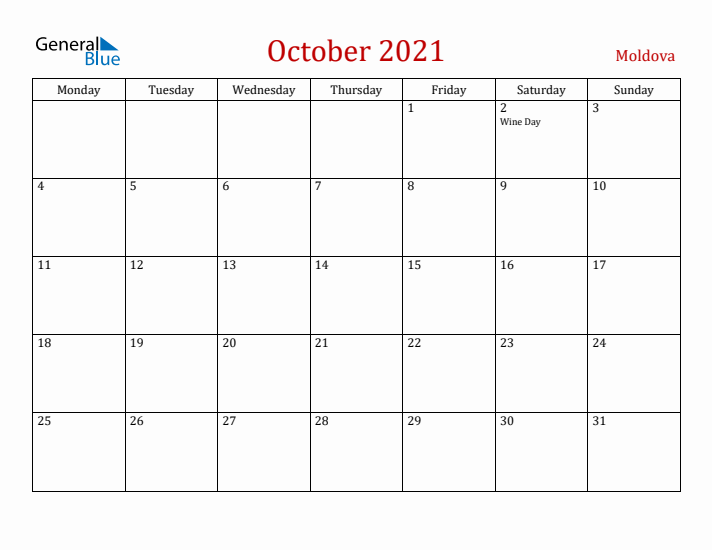 Moldova October 2021 Calendar - Monday Start
